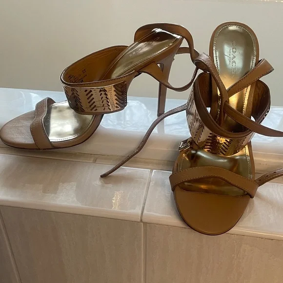 Coach Brown and Gold Strappy Heels - Picture 3 of 9